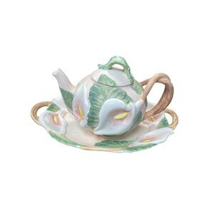 Fitz & Foyd Vtg Calla Handpainted Lily Pattern Tea pot Tray set SKU 9601